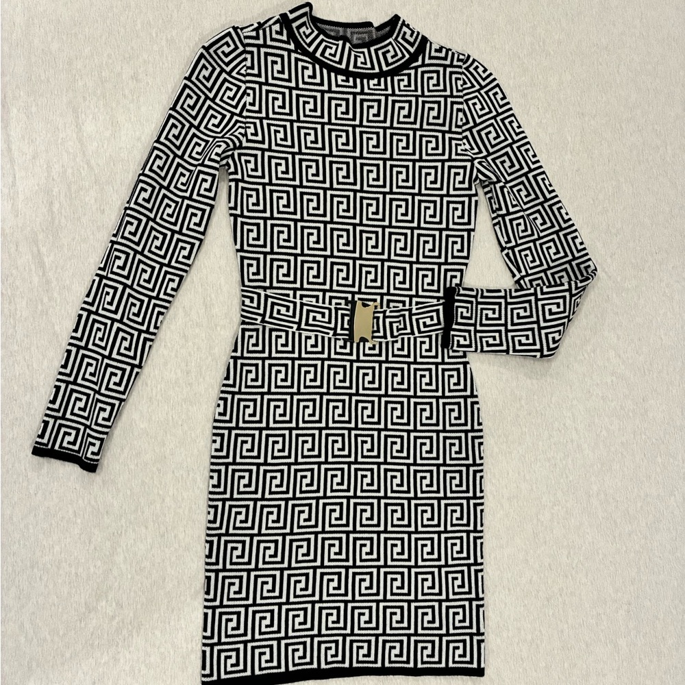 Elegant Black and White Patterned Long Sleeve Dress